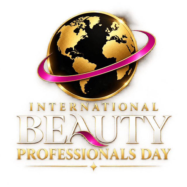 International Beauty Professionals Day emblem - a gold globe encircled by a magenta ribbon.